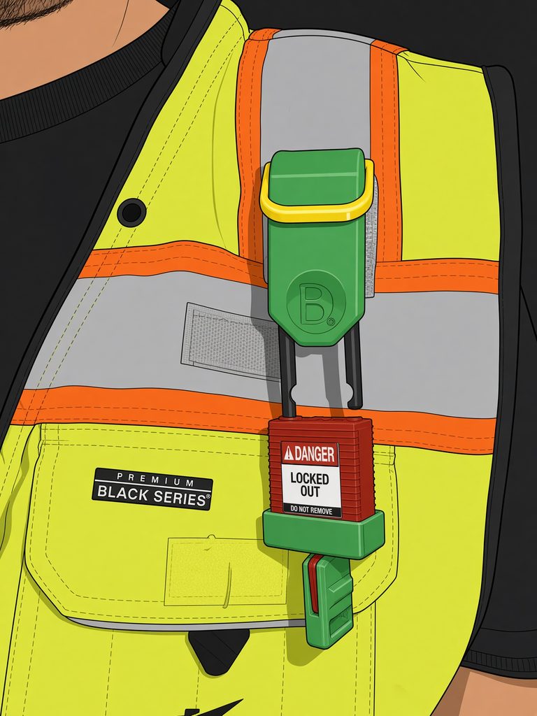 Green LockClip clipped to a hi-vis safety vest strap, holding a red lockout padlock